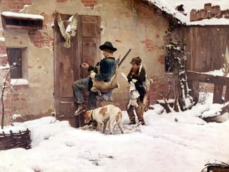 De vuelta de la caza. Pintura de G.Quadrone. 1890 Milán