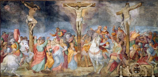 La Crucifixión, inscripción INRI en la cruz. A los lados, representación del buen ladrón, también llamado san Dimas (o Dysmas, Dimas, Dumas), y del mal ladrón (Gesmas o Gestas), dos ladrones crucificados con Jesucristo. Fresco de Giovanni B