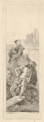 Un hombre barbudo, sentado, mira por encima de su hombro derecho hacia un niño y una mujer, ca. 1750-55
