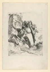 Un mago, un soldado y tres figuras observando un cráneo en llamas de los Scherzi, ca. 1743-50