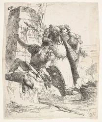 Una escena de nigromancia: una mujer con un recipiente, un hombre con turbante y un soldado miran..., ca. 1743-57
