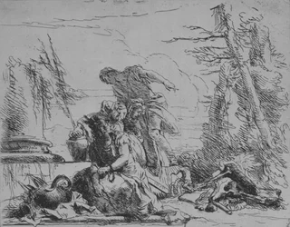 Mujer encadenada y otras figuras observando una pira de huesos, de los Capricci, 1743