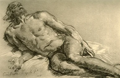 Desnudo acostado, la mitad superior del cuerpo parcialmente levantada