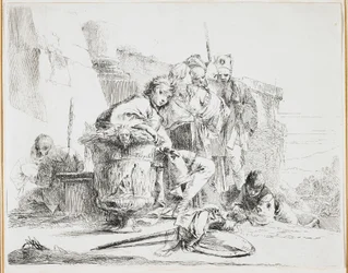 Joven sentado, apoyado en una urna, placa de Vari Capricci, 1740s