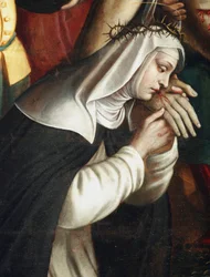 La deposición Detalle representando a Santa Catalina de Siena - (Detalle de la deposición representando a Santa Catalina de Siena) Pintura de Giovanni Battista Secco dit il Caravaggino (activo 1572-1625) 1616 Capilla de Santa Corona, Basílica de Santa Mari