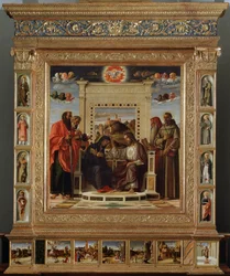Retablo de Bellini: parte central «Coronación de la Virgen entre san Pedro y san Pablo (izquierda) y san Jerónimo y san Francisco de Asís (derecha)». Pintura al óleo y temple de Giovanni Bellini (hacia 1432-1516), llamado il Giambellino. Hacia 1475. Su