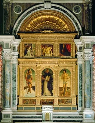 Anunciación y Piedad, San Cristóbal, Santo Domingo y San Sebastián, predela: milagros de San Vincenzo Ferreri (pintura sobre madera)