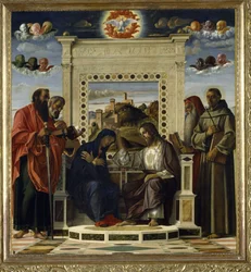 Coronación de la Virgen con los santos Pablo, Pedro, Jerónimo y Francisco de Asís, con escenas de las vidas de los santos en el panel de la predela, conocida como el retablo «Pala di Pesaro», ca. 1474