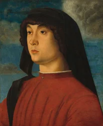 Retrato de joven vestido de rojo, c.1480 (óleo y temple sobre tabla)