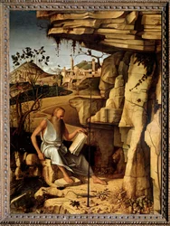 San Jerónimo en el desierto Pintura de Giovanni Bellini dit il Giambellino 1479 Dim 145x114 cm Palazzo Pitti Florencia
