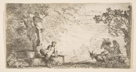 Un sátiro reclinado al pie de una estatua de Príapo, cabras a la derecha, ca. 1645-48