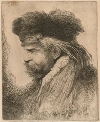 Hombre barbudo con gorro de piel, mirando a la izquierda