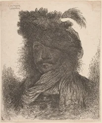 Hombre barbudo con rostro sombreado, con bufanda y sombrero con pluma