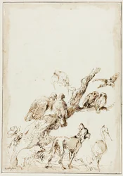 Aves y animales alrededor de un árbol muerto