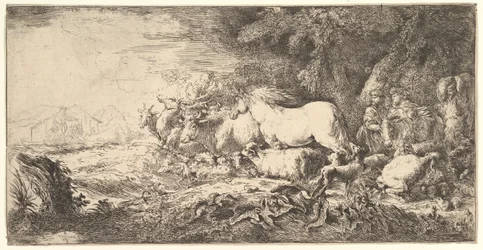 Entrada de los animales en el arca de Noé, tres hombres siguen cuadrúpedos y aves caminando, ca. 1650-55