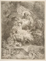 Dios Padre observando a la Virgen y el Niño, ángeles a la derecha