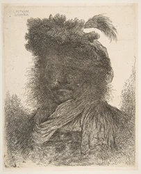 Cabeza de un hombre en sombra, ligeramente girada hacia la izquierda, de la serie de los grandes Or..., ca. 1645-1650.