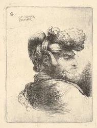 Hombre de perfil mirando a la derecha, con un sombrero de piel, de la serie de Pequeñas Cabezas en Oriente, ca. 1645-1650