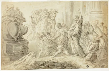 Resurrección de Lázaro (recto); Viajeros con carro fuera de la posada (verso)