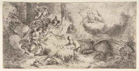 La Virgen y el Niño, Dios el padre arriba a la derecha, ángeles a la izquierda, ca. 1647-50