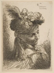 Joven de frente tres cuartos a la derecha con un tocado de piel con una pluma, joya, ca. 1645-50