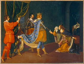 Isabel de Aragón suplicando a Carlos VIII en nombre de su padre, Alfonso, rey de Nápoles, y de su marido, Giovanni Galeazzo Sforza, duque de Milán ...