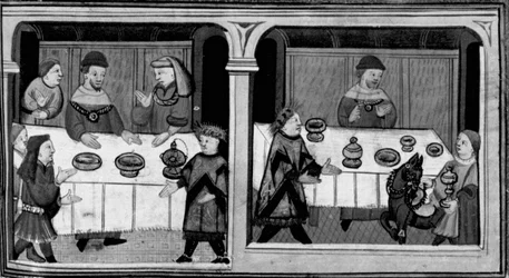 Decamerón, Bergamin es invitado a la mesa de Cangrande della Scala; Bergamin recibe suntuosos regalos. Primer día, nuevo 7.