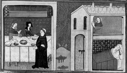 Decamerón, Don Felice es invitado a la mesa de Fray Puccio; Don Felice está en la cama con la mujer de Puccio. Tercer día, cuento 4