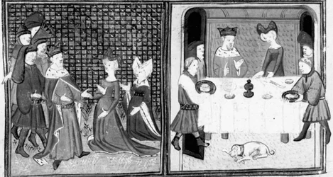 Decamerón, La marquesa de Montferrat recibe a Felipe el Tuerto; los nobles se sientan a un banquete. Primer día, nuevo 5.