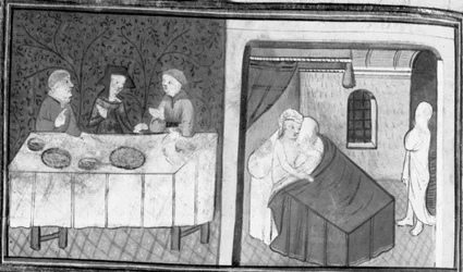 Decamerón, Tingoccio y Meuccio se sientan a la mesa con Madame Mita; tras su muerte, Tingoccio visita a Meuccio para contarle sus impresiones sobre el más allá. Día 7, cuento 10