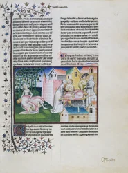 Gabriotto muere en brazos de Andreuola, Andreuola lleva su cuerpo a casa y es arrestada, Andreuola es proclamada inocente y se hace monja, miniatura de El Decamerón, Cuarta jornada, Sexto cuento, de Giovanni Boccaccio (1313-1375).