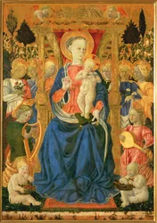 Virgen con el Niño en el trono, con ángeles y putti (pintura sobre madera)