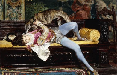 Un joven paje jugando con un galgo