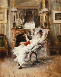 Una dama elegante sosteniendo un abanico, 1874