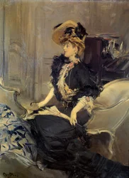 Belle Époque: “la visita”, Mujer joven elegante en vestido de noche. Pintura de Giovanni Boldini