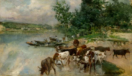 Bebiendo en el Sena, c.1874-75 (óleo sobre tabla)