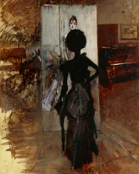 Dama en el estudio del pintor frente a Pastel Blanco