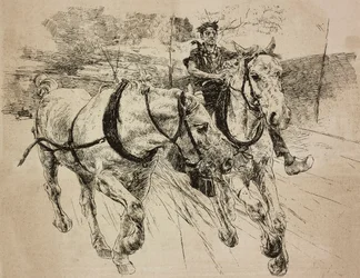 Caballos de refuerzo de carruaje, grabado del dibujo original de Giovanni Boldini, de su pintura, de L