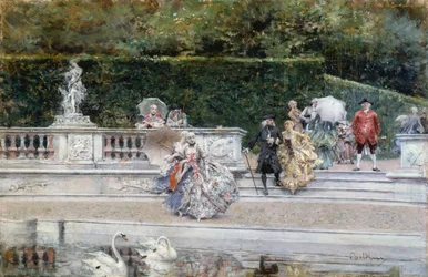 Vista del jardín de Versalles con personas vestidas con ropa del siglo XVIII, por Giovanni Boldini (1842-1931)