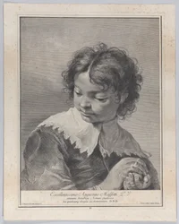 Niño con un collar de encaje sosteniendo una fruta en sus manos, 1743