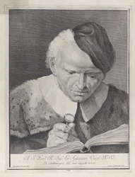 Hombre con sombrero leyendo un libro con una lupa, 1743