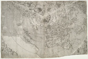 Mapamundi, Mundu [sic] spericum... conocerás la diligencia de John Matthew Contareni.., por Contarini, Giovanni y Francesco Rosselli
