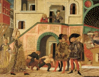 Historias de Susana, circa 1450, panel frontal de cofre pintado (detalle)