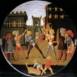 Juego llamado civettino, detalle del frente de la bandeja de nacimiento (pintura redonda), circa 1450