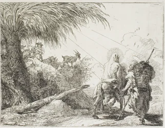 José y María pasando junto a un pastor y su rebaño, lámina once de La huida a Egipto
