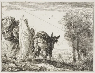 María sosteniendo al niño en sus brazos y José con la cesta, lámina diez de La huida a Egipto