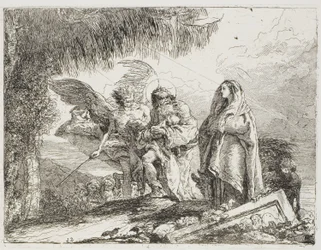 María y José, sosteniendo al niño, son escoltados por un ángel, lámina doce de La huida a Egipto