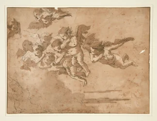 Putti volando en las nubes