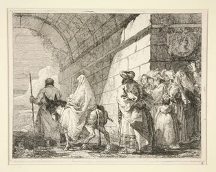 La Sagrada Familia pasando bajo un arco, saliendo por una puerta de la ciudad, de la serie Idee pittoresche sopra la fuga in Egitto (Huida a Egipto)