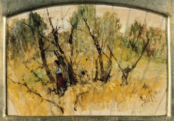 Bosque con una figura, el estudio de un abanico, por Giovanni Fattori